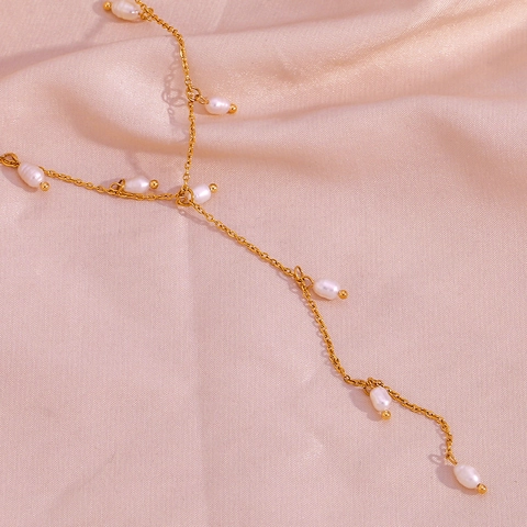 Collier En Y À Glands Acier Inoxydable 316L Plaqué Or 18K Künstliche Perles D'eau Douce Minimaliste Élégant Pour Femmes