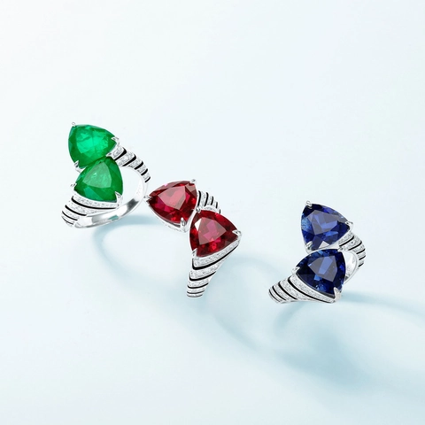 Anillo De Plata De Ley S925 Con Piedras Preciosas Talla Trillón Doble Triángulo Geométrico Joyas Elegantes Para Mujeres