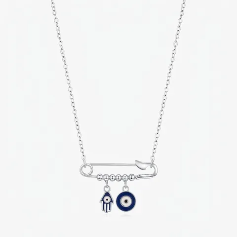 925 Sterling Silver Necklace With Safety Pin Pendant Blue Enamel Hamsa Hand And Evil Eye Lucky Charm For Women
