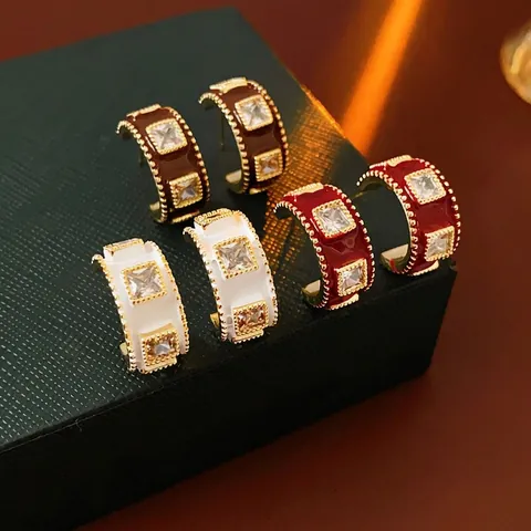 Orecchini Geometrici In Smalto A Forma Di C Con Zircone Gioielli In Rame Placcato Oro Per Donna E Perno In Argento