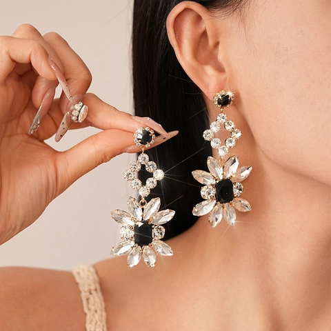 Geometric Flower Statement Earrings With Rhinestone And 925 Sterling Silver Earring Post Copper Jewelry For Women