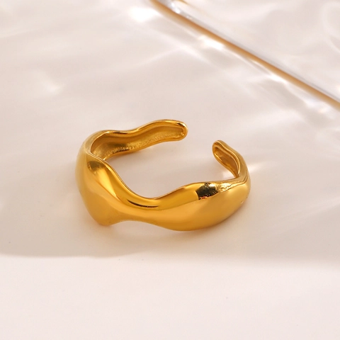 Fashion Stainless Steel Irregular Wave Open Adjustable Ring Minimalist Geometric Liquid Metal Texture Finger Ring For Women Jewelry