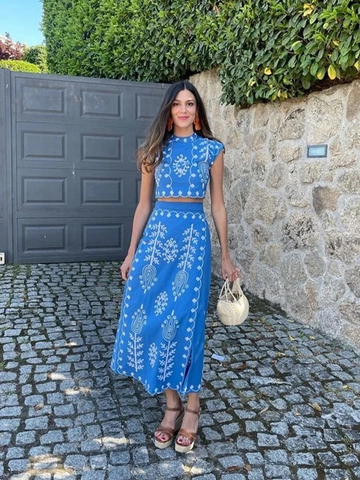 Ensemble Deux Pièces Femme Bohème Imprimé Floral Vacances Crop Top Col Haut et Jupe Longue Fendue Taille Haute Été Plage