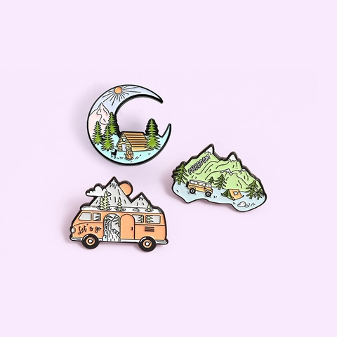 Camping Emaille Speld Broche Minimalistische Legering Berg Camper Bos Hut Badge Voor Reizen Rugzak Kleding Decoratie Cadeau Unisex