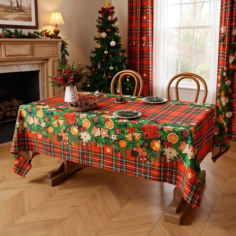 Christmas Tablecloth Rectangular Polyester Retro Plaid Festive Winter Holiday Party Decor Dustproof Washable Fabric Cover