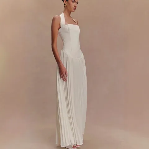 Elegant Halter Neck Backless Maxi Dress Solid Color Pleated Hem Polyester Long Gown For Women Summer Party Evening