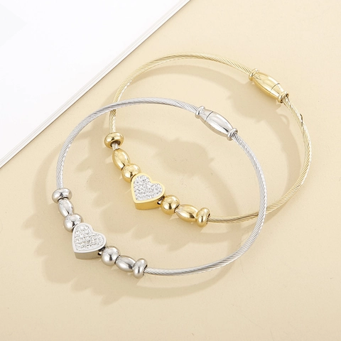 Heart Pendant Cable Wire Rope Bracelet Stainless Steel Rhinestone Inlaid Fashion Elegant Jewelry For Women