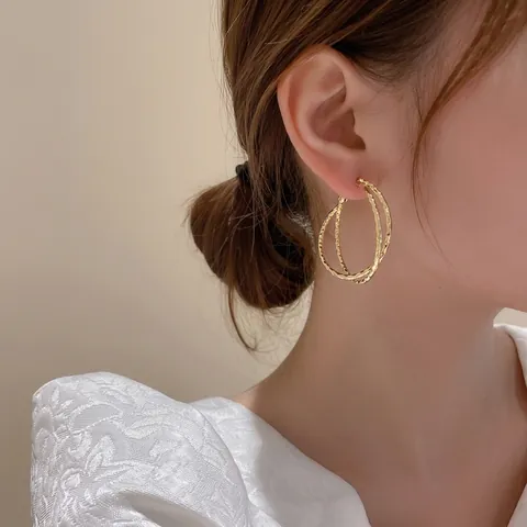 Dubbele In elkaar Grijpende Hoop Oorbellen Legering Met 925 Sterling Zilveren Oorbel Post Gehamerd Textuur Retro Minimalistisch Voor Vrouwen