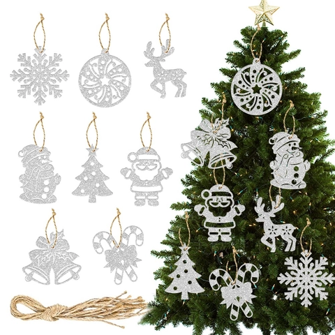Addobbi Natalizi Pendenti Etichette Carta Luccicante Forme Renna Fiocco Di Neve Babbo Natale Con Corda Di Juta Arredo Festa