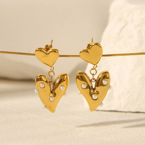 Pendientes De Botón De Doble Corazón Acero Inoxidable Bañado En Oro De 18K Con Perlas Artificiales Joyas De Moda Para Mujer
