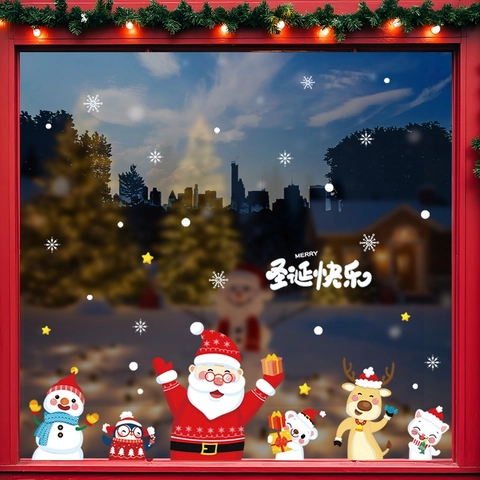 Christmas Window Stickers Static Cling PVC Reusable Santa Claus Snowman Deer Holiday Decor Glass Door Decals