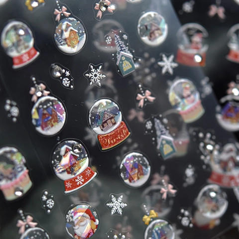 Nail Art Stickers 3D 5D Embossed Crystal Diamond Self-Adhesive Christmas Holiday Santa Snow Globe Winter Manicure Decor