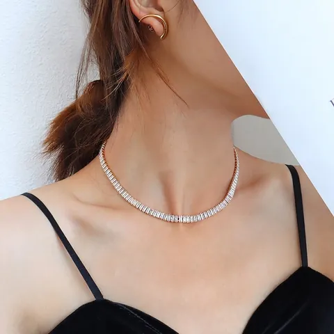 Baguette Zirkoon Tennis Ketting Titanium Staal Choker Kleurbehoud Minimalistisch Luxe Elegant Sieraden Voor Dames