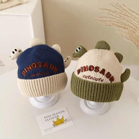 Kids Knitted Beanie Hat Dinosaur Cartoon Design Winter Warm Thick Soft Woolen Outdoor Windproof For Toddlers Children
