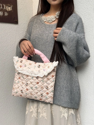 Kawaii Gewatteerde Laptop Handtas Zacht Polyester Cartoon Print Hoes Voor Tablet Vrouwen Meisje Ruches Kant Draagbaar