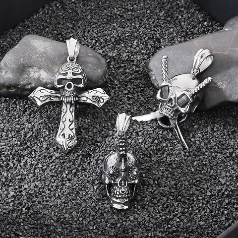 Skull Cross Pendant Necklace Stainless Steel Gothic Punk Style Retro Men Jewelry Vintage Dagger Motifs