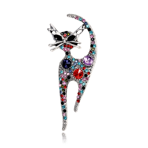 Retro Cat Brooch Zinc Alloy With Colorful Rhinestones Vintage Animal Lapel Pin For Women Elegant Clothing Decor