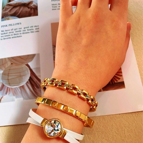 Luxus Edelstahl Armreif Für Damen Strass Geometrisches Design Gold Weiß Kunstleder Armband Mode Schmuck
