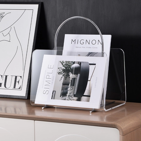 Retro Acrylic Magazine Rack With Metal Handle Clear Minimalist Desktop Book Document Storage Organizer For Living Room Office