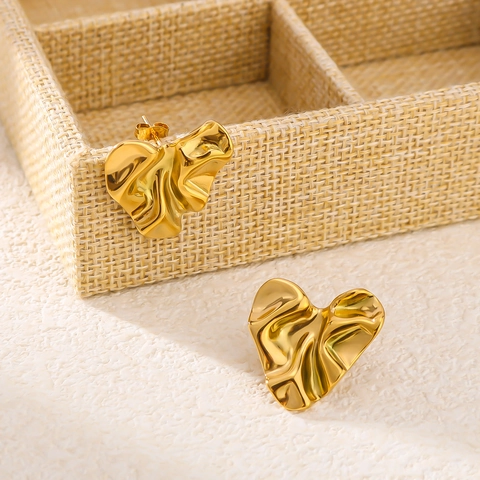 Heart Stud Earrings 18K Gold Plated Stainless Steel Wrinkled Textured French Style Jewelry For Women