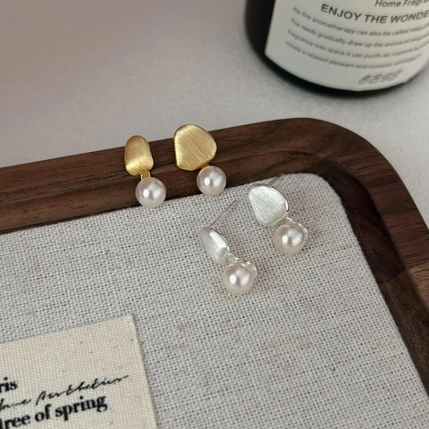 Artificial Pearl Stud Earrings With 925 Sterling Silver Earring Post Irregular Brushed Metal Minimalist Jewelry Elegant For Women