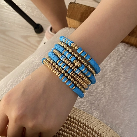 Bohemian Colorful Soft Ceramic Layered Beaded Bracelets Set Polymer Clay CCB Metal Beads Handmade Fashion Jewelry Women