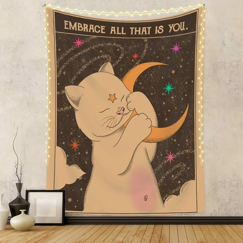 Katten Wandtapijt Muurbehang Retro Astrologie Maan Kat Tarot Stijl Polyester Stof Huisdecoratie Voor Slaapkamer Woonkamer