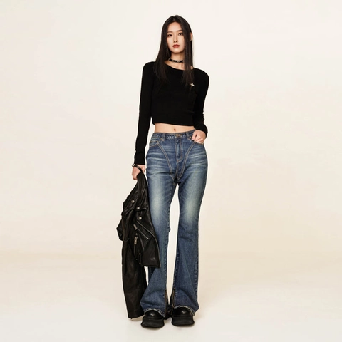 Jeans A Campana A Vita Alta Denim Di Cotone Lavaggio Vintage Orlo Con Cerniera Ricamo Donna
