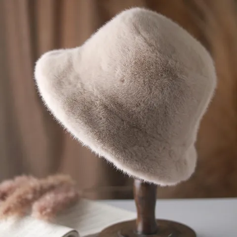 Women Winter Thickened Faux Fur Bucket Hat Warm Soft Plush Cotton Basin Hat Solid Color Outdoor Ear Protection Earflap Hat