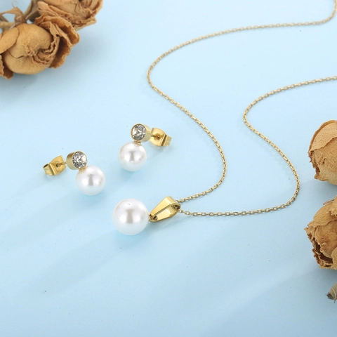 Joyas De Acero Inoxidable Collar Y Pendientes Con Perla Artificial De Concha Redonda Blanca Y Diamantes De Imitación Brillantes Para Mujer Regalo