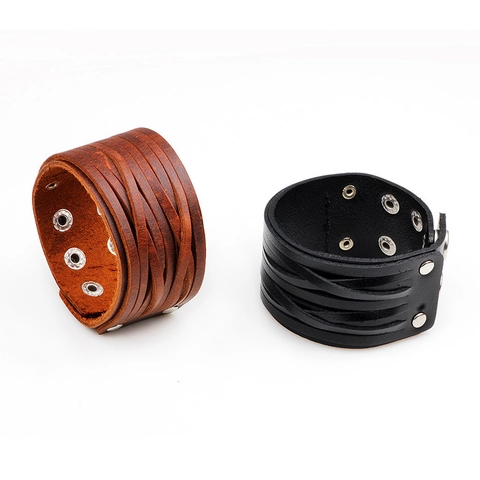 Men Geflochtenes Lederarmband Breit Punk Rock Armband Mit Metall Druckknöpfen Verstellbar Retro Echtes Rindsleder