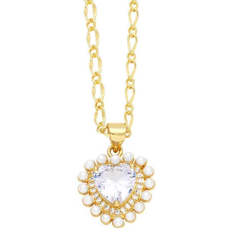 Heart Pendant Necklace Gold Plated Brass With Zircon And Faux Artificial Pearl Elegant Jewelry For Women