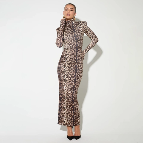 Vestito Maxi Stampa Leopardata Maniche Lunghe Collo Alto Aderente Bodycon Spalline Poliestere Sexy Moda Donna
