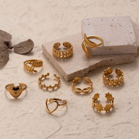 Anillos Abiertos Ajustables Para Mujer De Acero Inoxidable Chapado En Oro Corazón Hoja Girasol Joyería De Moda Bohemia