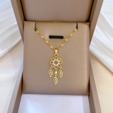 Collana Pendente Acchiappasogni Placcata Oro Acciaio Inossidabile Con Strass Completi Ciondoli Foglia Gioielli Per Donna
