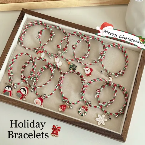Christmas Braided Rope Bracelet Alloy Enamel Charm Bell Adjustable Colorful Festive Jewelry Gift Women Kids