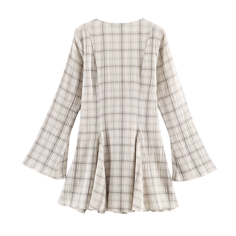 Women Plaid Mini Dress V Neck Long Flare Sleeves High Waist Textured Fabric Elegant Sweet Vintage Style