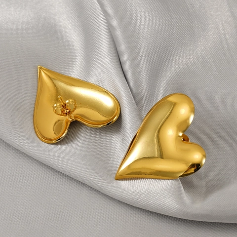 Pendientes De Botón De Corazón Chapado En Oro De 18K Acero Inoxidable Pulido Liso Grande Moda Para Mujeres
