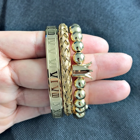 Titanium Steel Roman Numeral Crown Bracelet Set For Men Women Punk Braided Cable Bangle Vintage Hip Hop Jewelry Accessory