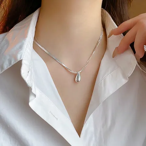 Layered Necklace Water Drop Pendant Copper Metal Minimalist Elegant Snake Chain For Women Silver Color