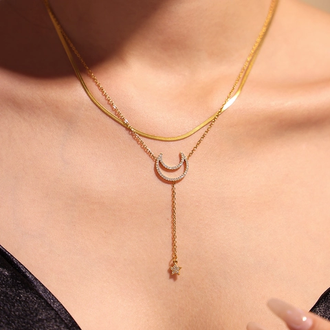 Moon Star Necklace Bracelet Jewelry Set Stainless Steel Zircon Double Layer Snake Chain Elegant Fashion Women Gift