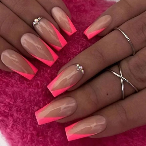 Uñas Postizas Largas Coffin French V Shape Degradado Rosa Nude Piedras De Strass Circón Brillantes Para Mujeres