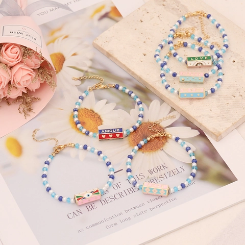 Pulsera De Cuentas Hecha A Mano Cuentas De Vidrio De Cristal Amuletos De Letras De Esmalte Joyería Bohemia Ajustable Para Mujeres