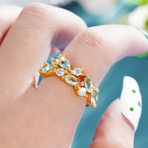 Elegant Leaf Vine Cluster Ring Copper With Blue Marquise Zircon And White Round Stones Jewelry For Women