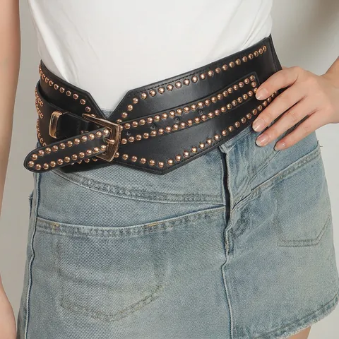 Ceinture Corset Large pour Femme avec Rivets Élastique en Cuir PU Boucle en Alliage Style Punk Rétro Ceinture Mode
