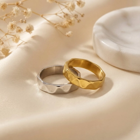 Anello In Acciaio Inossidabile Texture Martellata Irregolare Geometrica Minimalista Gioielli Di Moda Per Donne Elegante Moderno