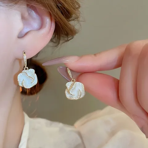 French Camellia Flower Drop Earrings Copper White Enamel Gold Plated Zircon Inlaid Elegant Refined Jewelry Women