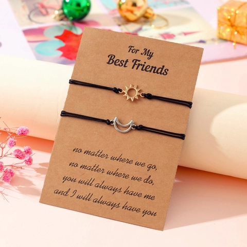 Sun Moon Friendship Bracelets For Women Best Friends Couples Adjustable Black Wax Cord Alloy Celestial Charm Jewelry Gift
