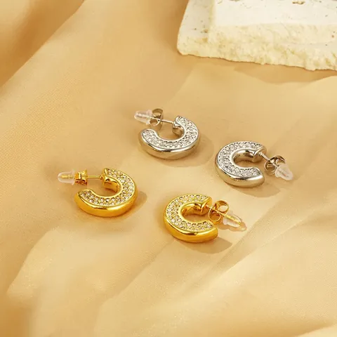 Stainless Steel C-Shaped Hoop Earrings With Rhinestones 18K Gold Plated Fashion Jewelry For Women