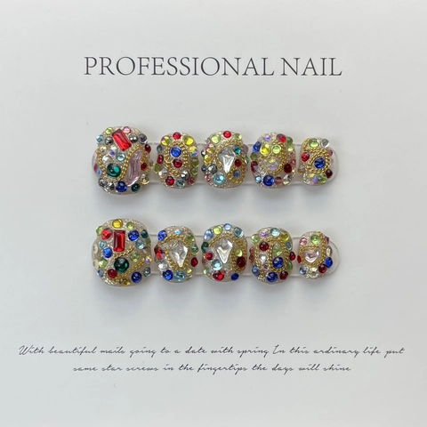 Handmade Colorful Rhinestone Luxury Press On Nails Set Full Diamond Design Square Round False Nails With Glue Kit For Women